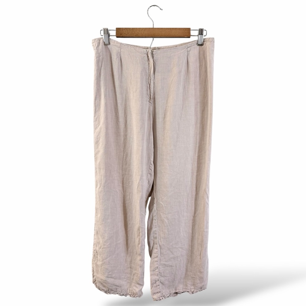 120% Lino Wide Leg Linen Pants Size 46 Taupe Tan Gray Ruffle Hem Cropped Ankle